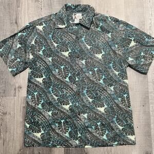 VTG Y Not Hawaii Blue Floral Leaf Hawaiian Shirt 90s Cotton Leaves Print USA L